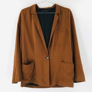 Zara Women's Oversized One Button Closure Relaxed Fit Blazer Brown Size Small
